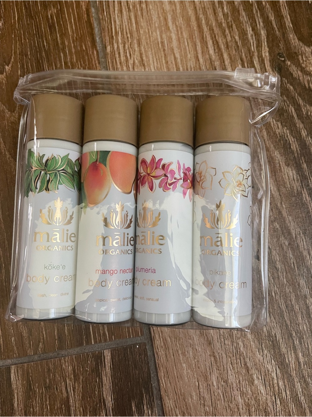 malie Organics Travel Body Cream Set — White & Gold with Botanical Accents
